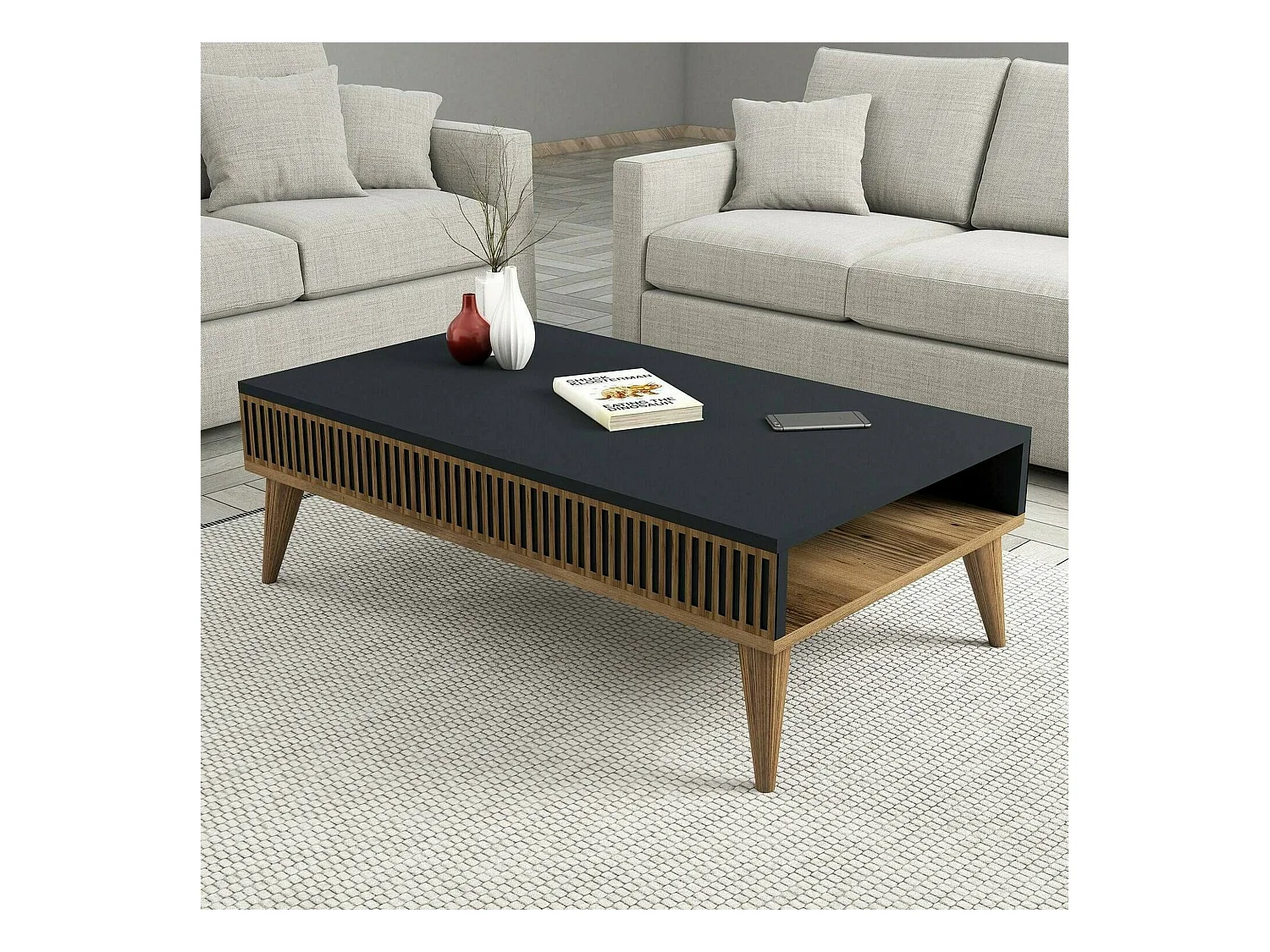 Table basse Capricorn, Table basse, Porte-revues pour canapé, Etagère de salon, 105x60h35 cm, Noyer et Anthracite