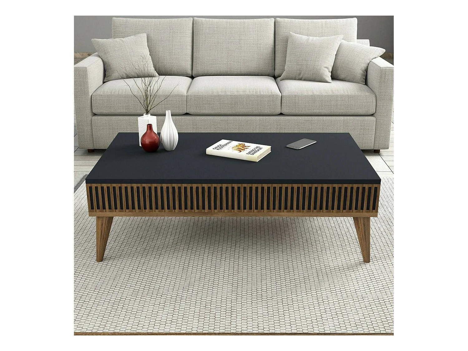 Table basse Capricorn, Table basse, Porte-revues pour canapé, Etagère de salon, 105x60h35 cm, Noyer et Anthracite