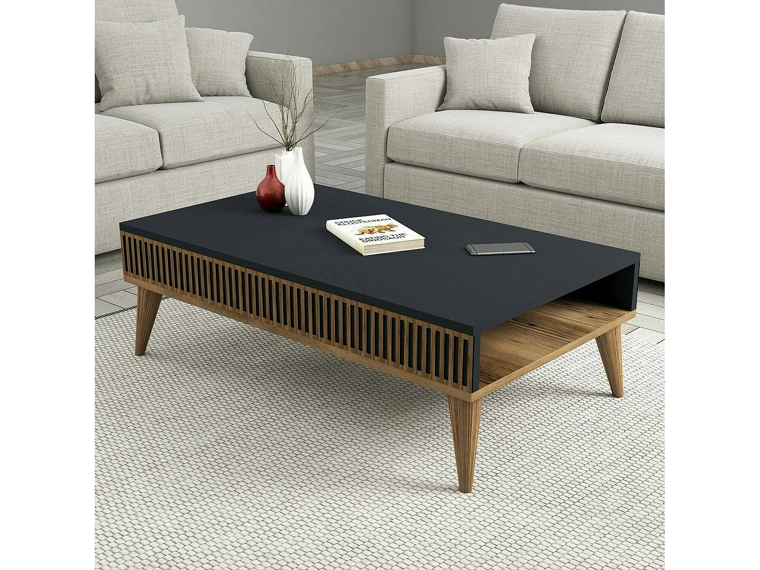 Mesa de café Dgiovinc, Mesa de centro baja, Revistero para sofá, Estante de la sala de estar, 105x60h35 cm, Nogal y Antracita