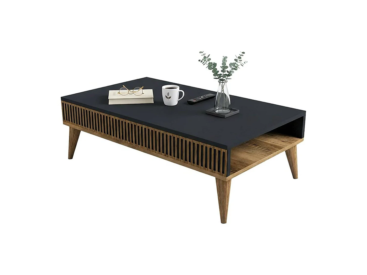 Mesa de café Dgiovinc, Mesa de centro baja, Revistero para sofá, Estante de la sala de estar, 105x60h35 cm, Nogal y Antracita