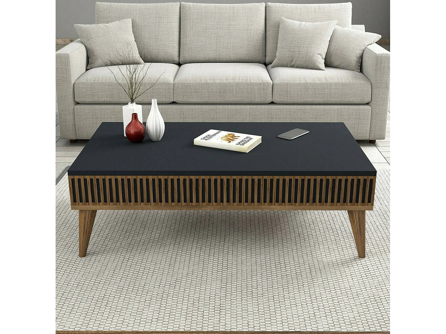 Mesa de café Dgiovinc, Mesa de centro baja, Revistero para sofá, Estante de la sala de estar, 105x60h35 cm, Nogal y Antracita