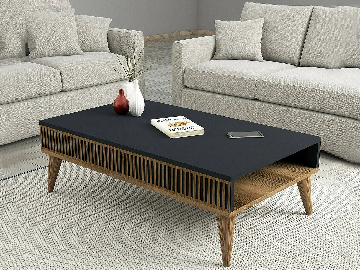 Mesa de café Dgiovinc, Mesa de centro baja, Revistero para sofá, Estante de la sala de estar, 105x60h35 cm, Nogal y Antracita