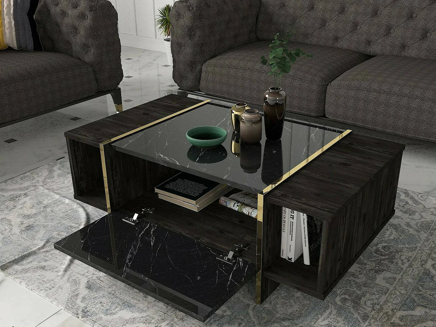 Mesa de café Dpagliar, Mesa de centro baja, Revistero para sofá, Estante de la sala de estar, 104x60h37 cm, Negro y Oro