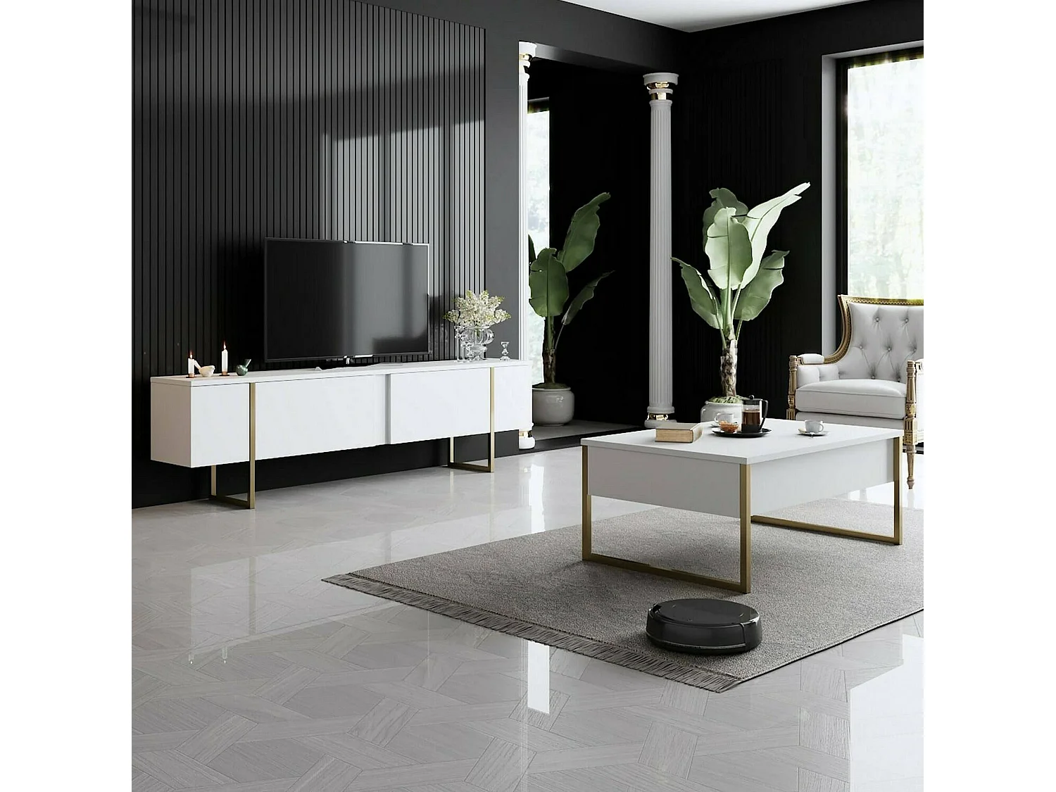 Table basse Canis, Table basse, Porte-revues pour canapé, Etagère de salon, 90x60h40 cm, Blanc et Or