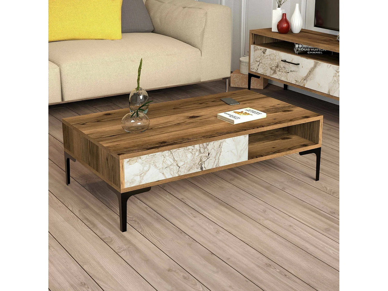 Table basse Diadem, Table basse, Porte-revues pour canapé, Etagère de salon, 105x60h33 cm, Noyer et Blanc