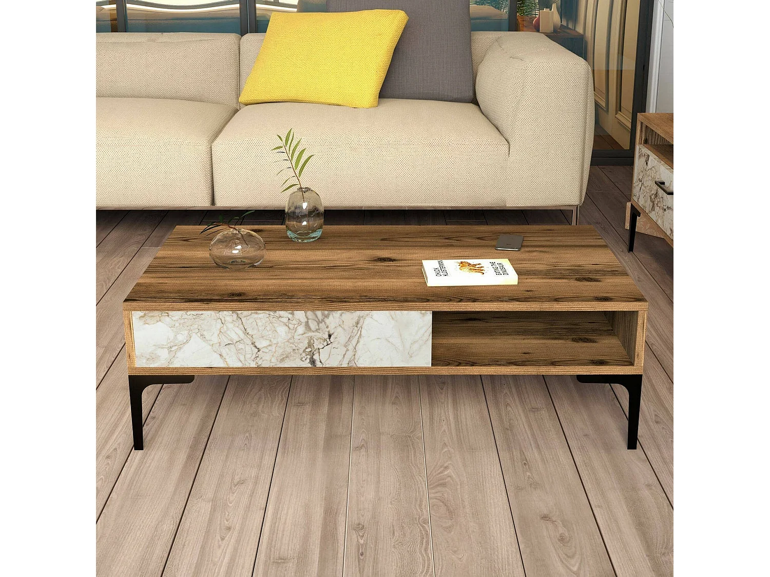 Djagiell Salontafel, Salontafel, Sofa Review Rack, Woonkamer Plank, 105x60h33 cm, Walnoot en Wit