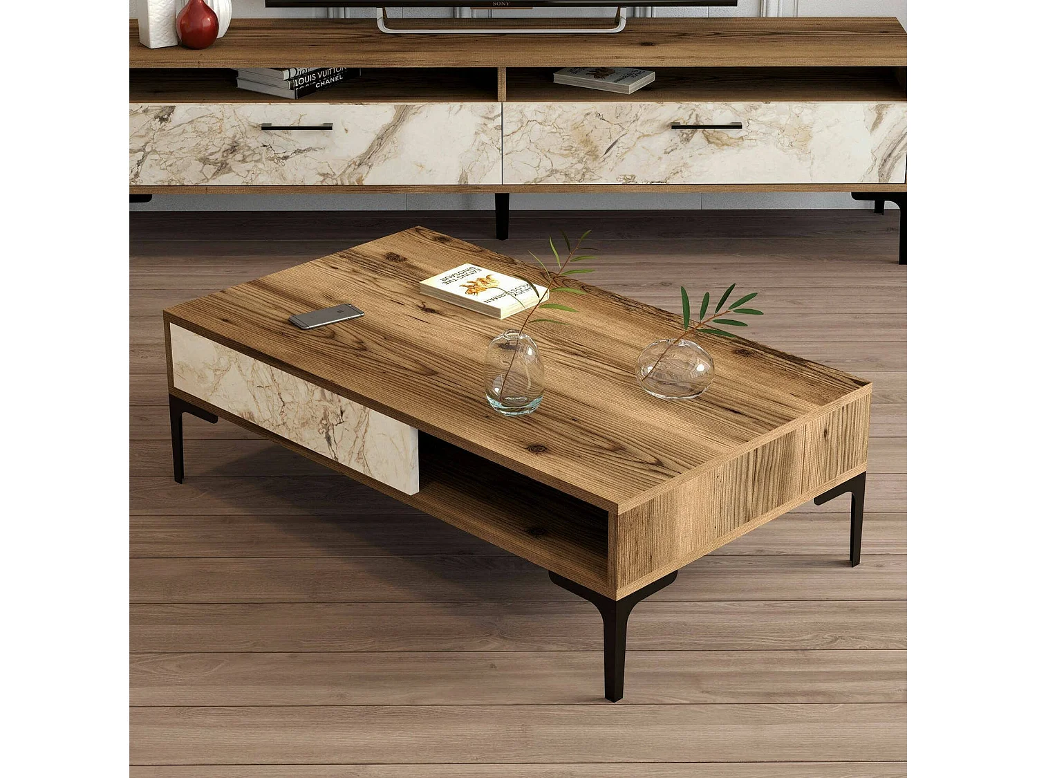 Mesa de café Djagiell, Mesa de centro baja, Revistero para sofá, Estante de la sala de estar, 105x60h33 cm, Nogal y Blanco