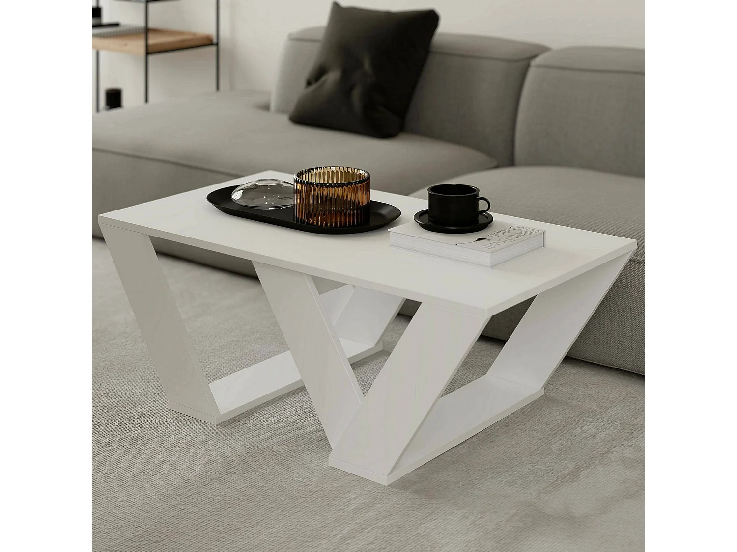 Table basse Jed, Table basse, Porte-revues pour canapé, Etagère de salon, 110x60h40 cm, Blanc