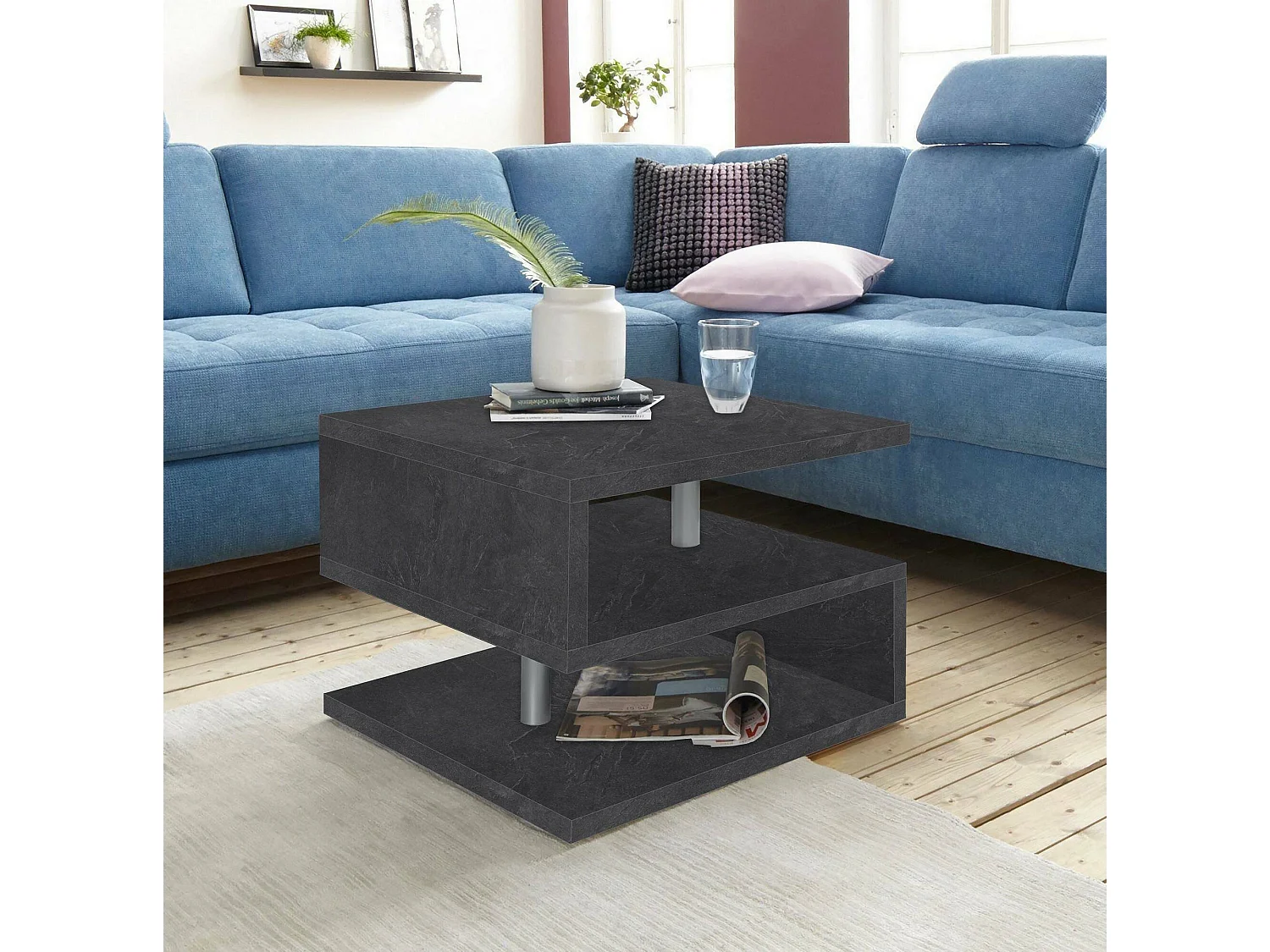 Mesa de café Dcalligari, Mesa de estar, Armário de armazenamento baixo, Mesa de café, 55x55h41 cm, Ardósia