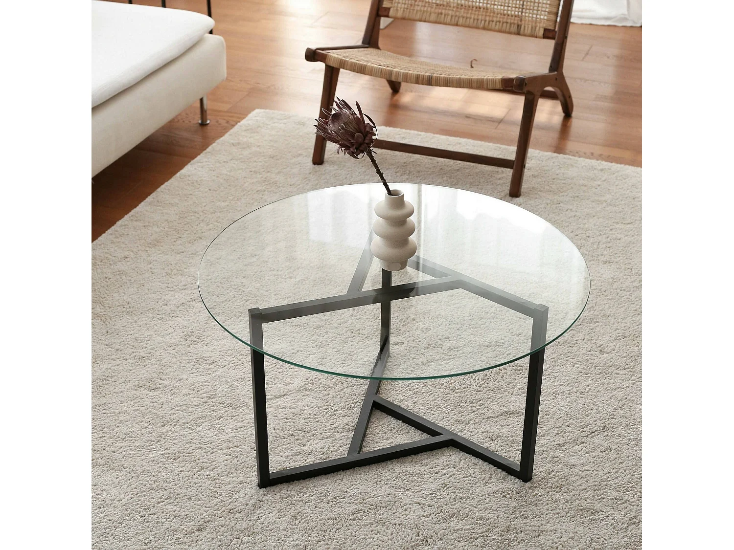 Wohnzimmertisch Dmaccopp, Niedriger Wohnzimmertisch, Kaffeeregal, Couchtisch für Sofa, 75x75h42 cm, Schwarz und Transparent