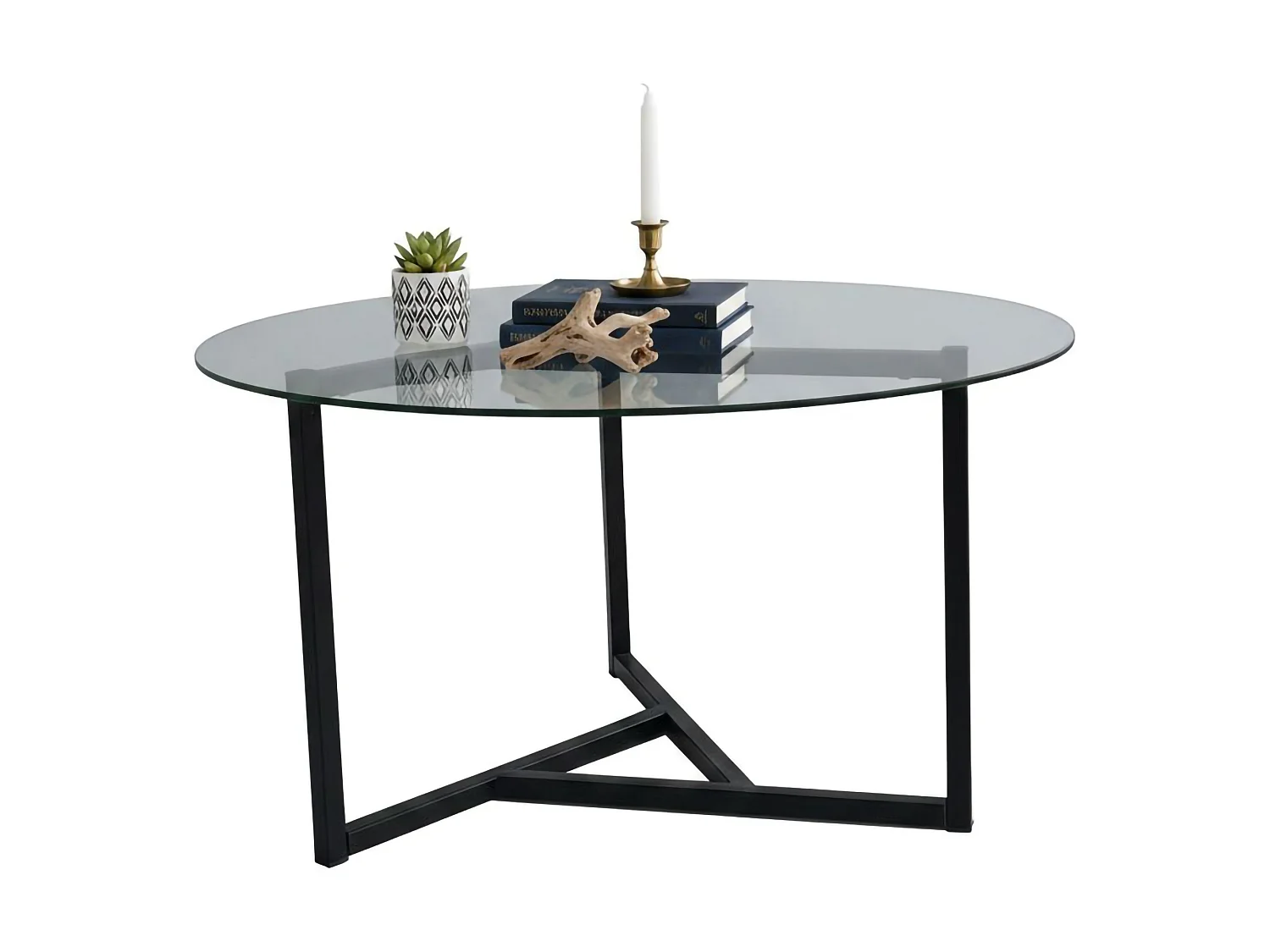 Couchtisch Esperia, Zeitschriftenablage, 75x75x42h cm Schwarz, runde Form, Glasplatte