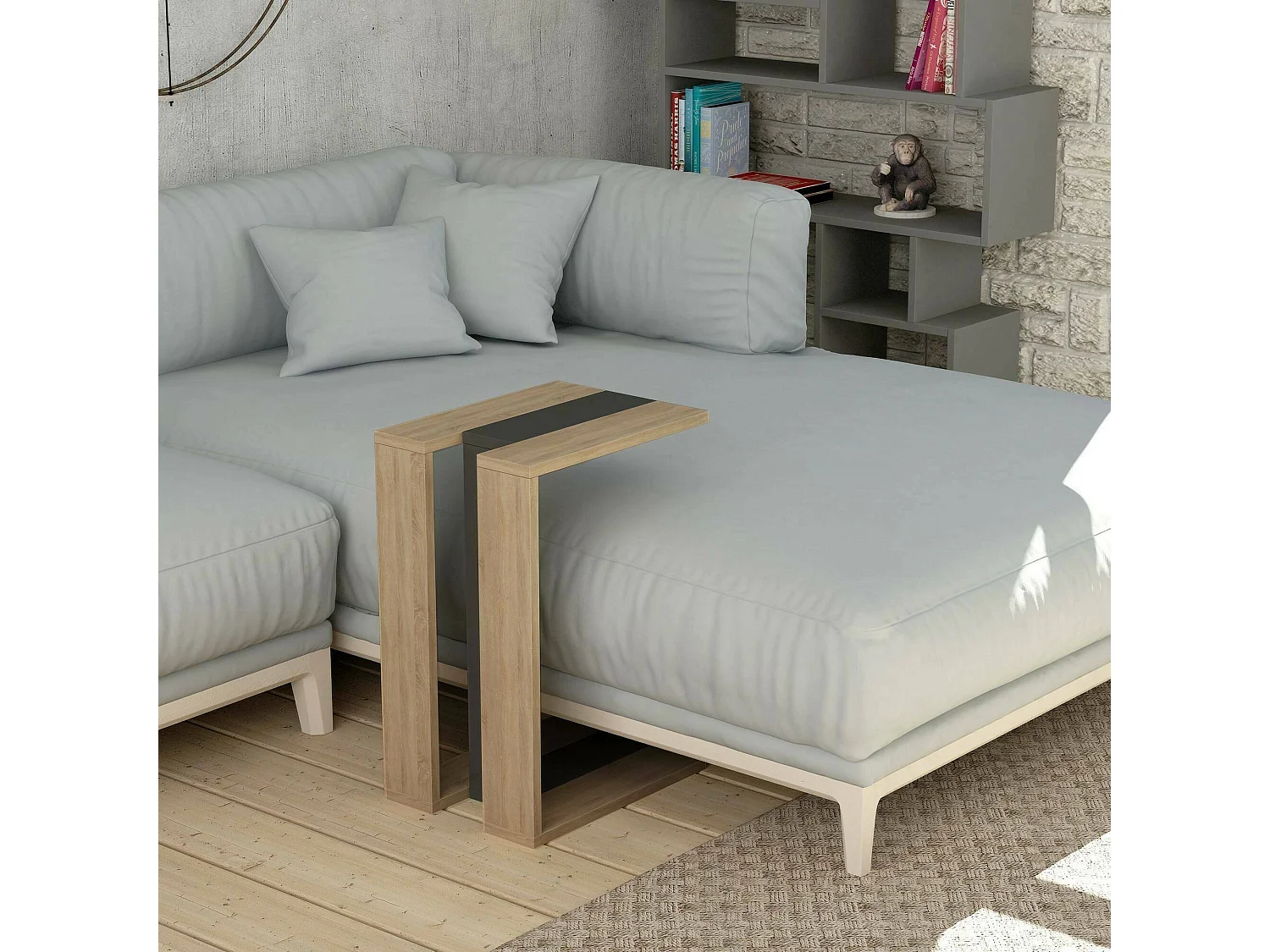 Table basse Calliope, Table basse, Porte-revues pour canapé, Etagère de salon, 30x40h57 cm, Chêne et Anthracite