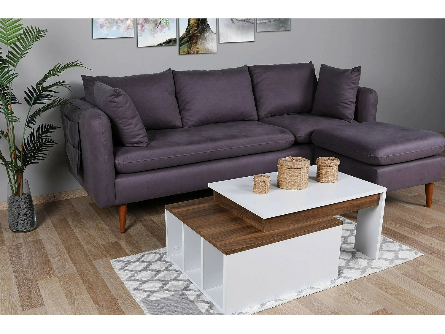 Dmckenni-stafeltafel, Koffietafel, Slaaptafelhouder, Tafelplank, 90x60h37 cm, Wit en walnoot