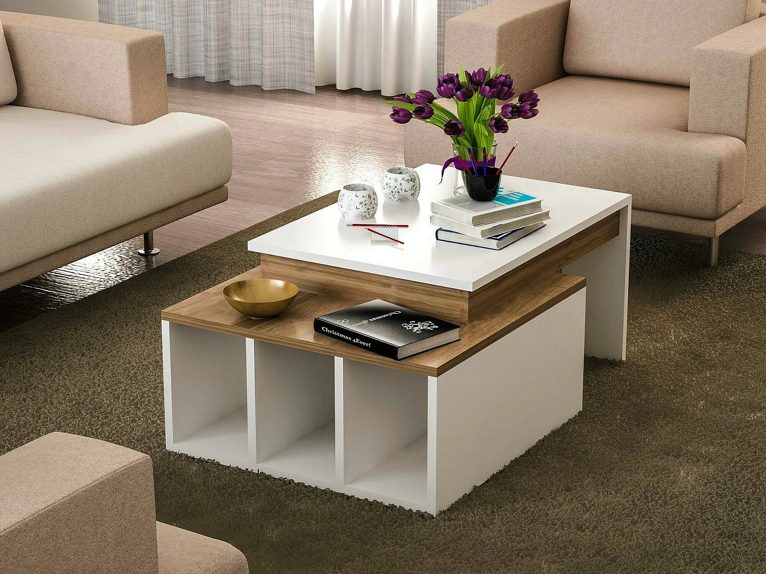 Table basse Jabhat, Table basse, Porte-revues pour canapé, Etagère de salon, 90x60h37 cm, Blanc et Noyer