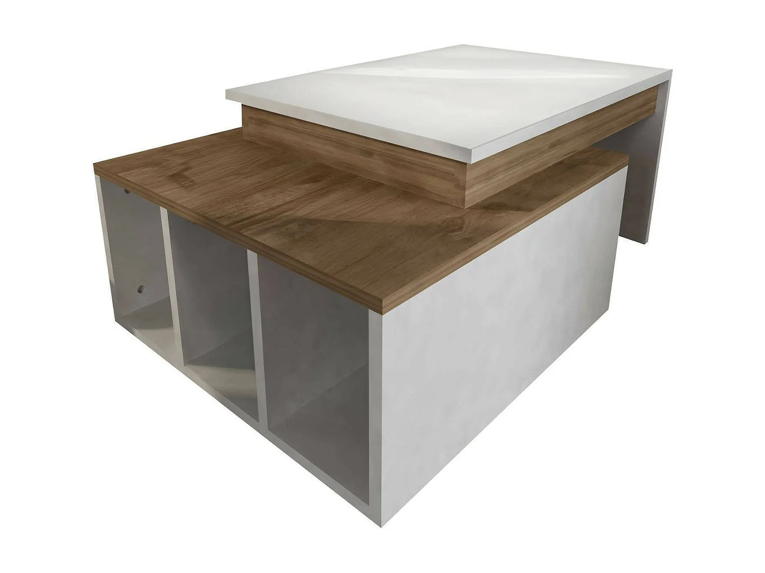 Mesa de café Dmckenni, Mesa de centro baja, Revistero para sofá, Estante de la sala de estar, 90x60h37 cm, Blanco y Nogal