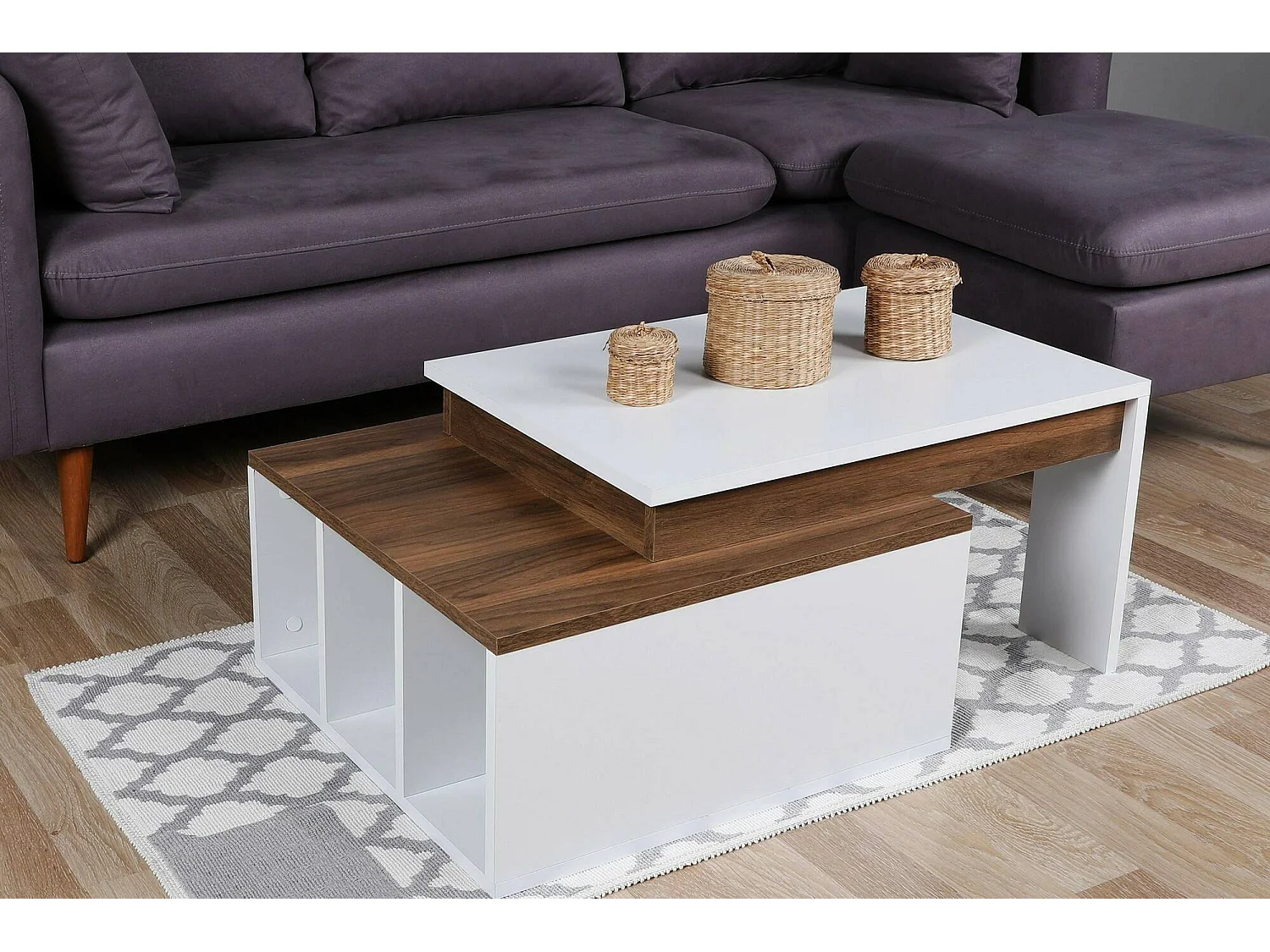 Mesa de café Dmckenni, Mesa de centro baja, Revistero para sofá, Estante de la sala de estar, 90x60h37 cm, Blanco y Nogal