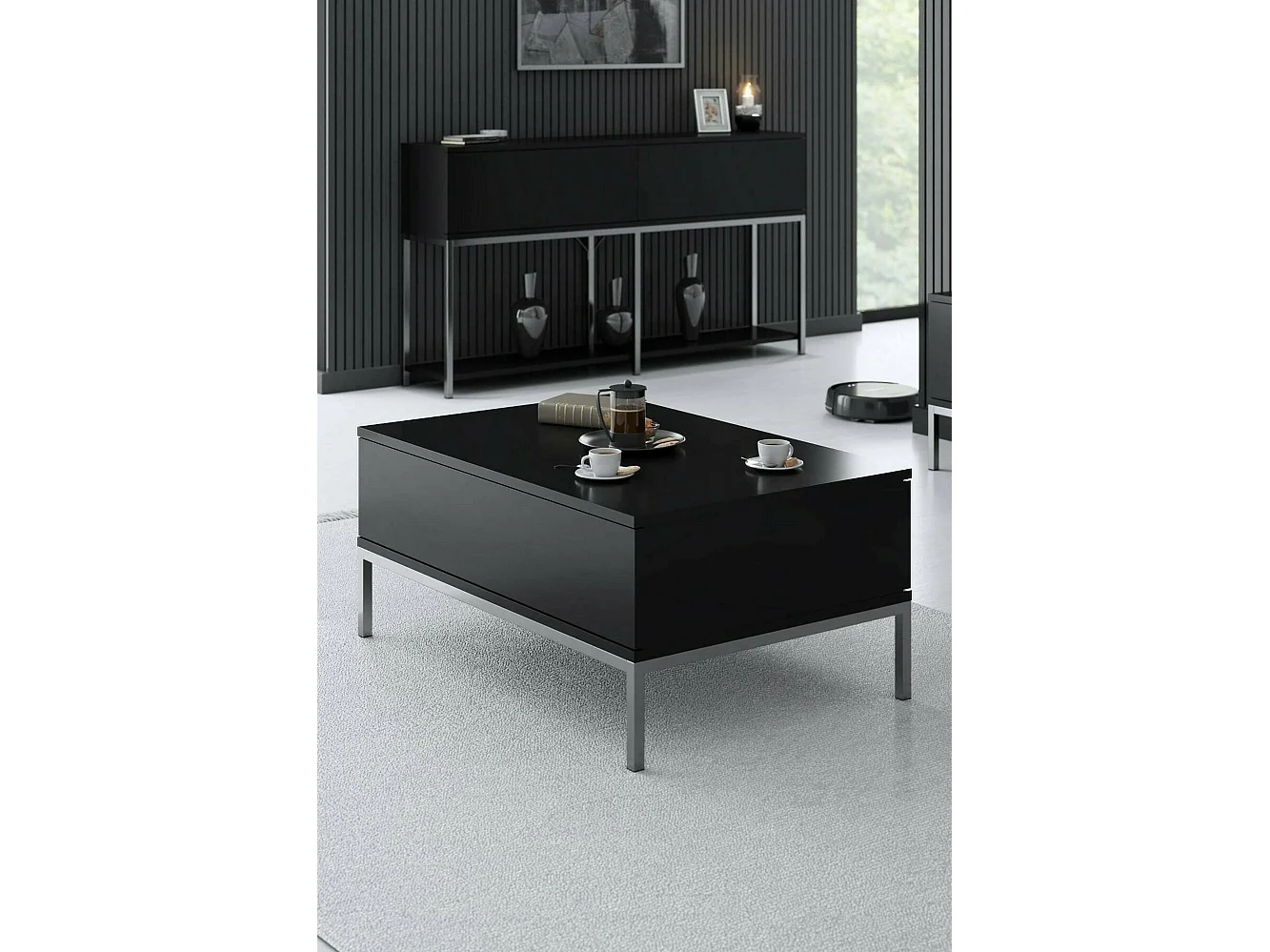 Mesa de café Dfiamozz, Mesa de centro baja, Revistero para sofá, Estante de la sala de estar, 90x60h40 cm, Negro y Plata