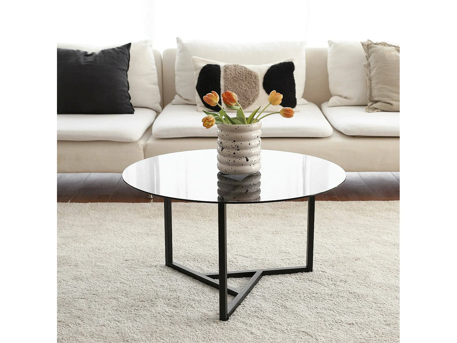 Table basse Galactica, Table basse, Porte-revues pour canapé, Etagère de salon, 75x75h42 cm, Taupe et Noir