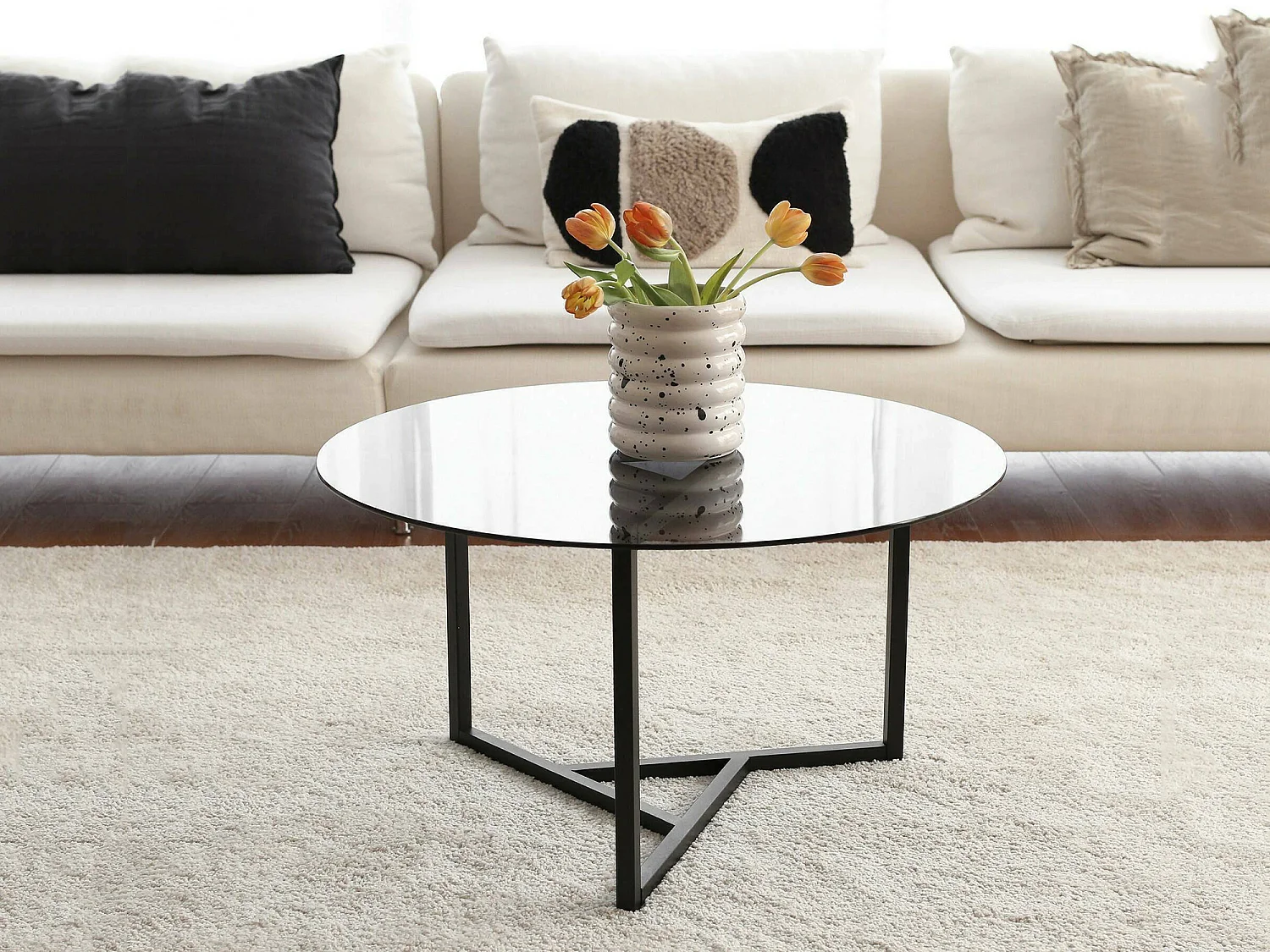 Table basse Esperia, ronde, 75x75x42h cm, gris taupe, plateau transparent, structure taupe dégradée