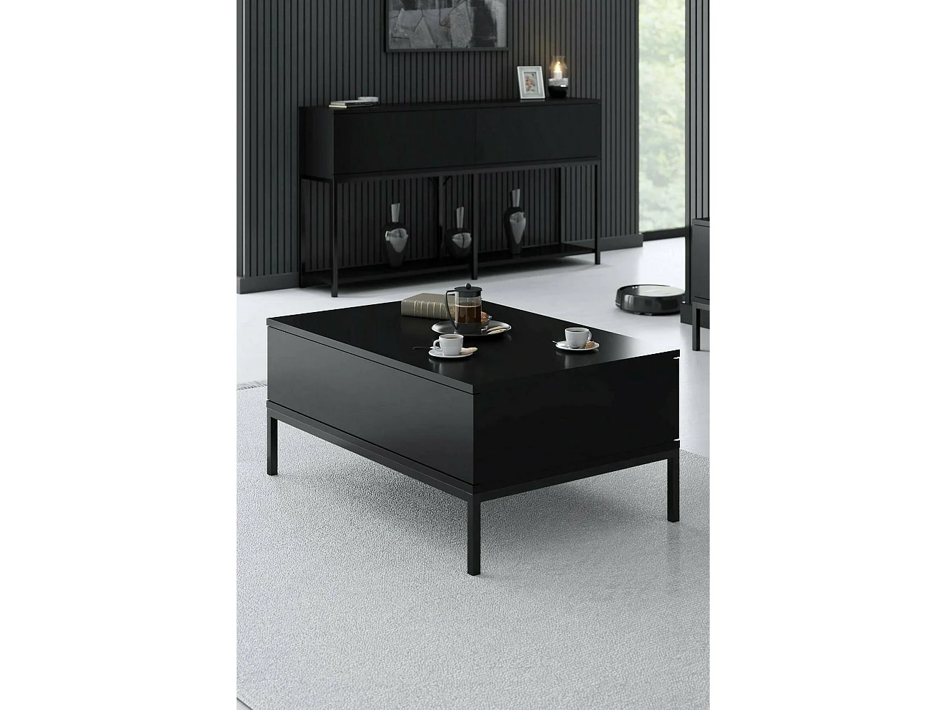 Table basse Antares, Table basse, Porte-revues pour canapé, Etagère de salon, 90x60h40 cm, Noir
