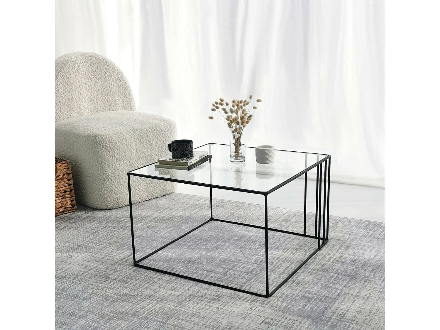 Mesa de café Dkaramok, Mesa de caféFè, Suporte para sofá, Prateleira para sala de estar, 55x55h36 cm, Preto