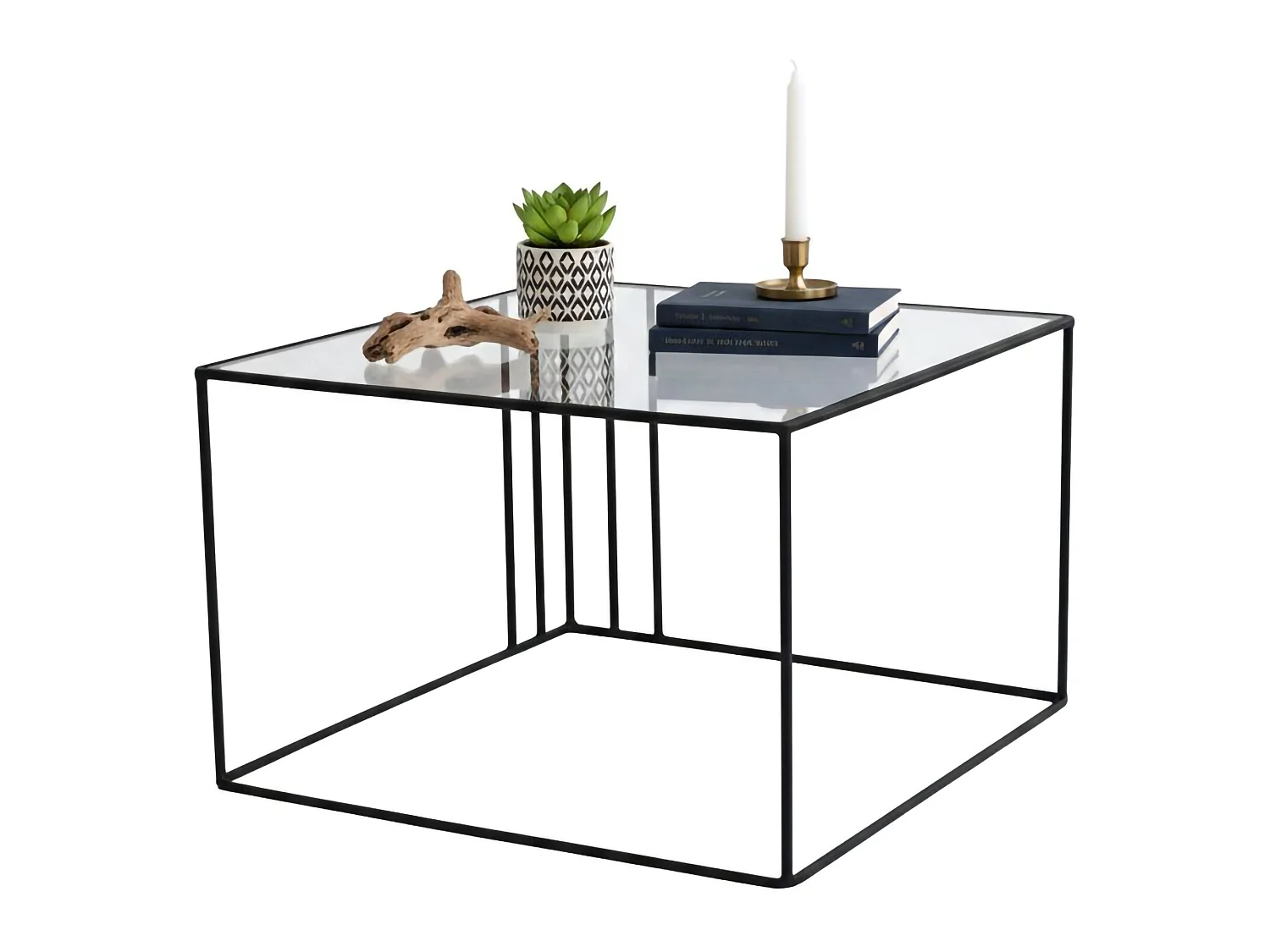 Table basse Giacinta, forme carrée, 55x55x36h cm noir, plateau en verre, étagère transparente