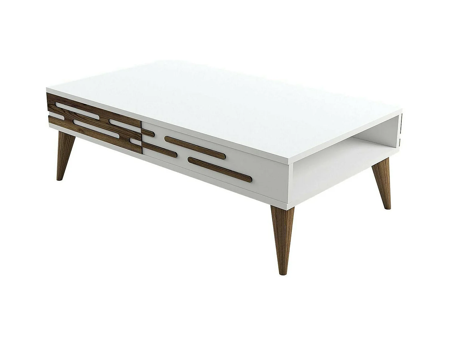 Table basse Saiph, Table basse, Porte-revues pour canapé, Etagère de salon, 105x35h60 cm, Noyer et Blanc
