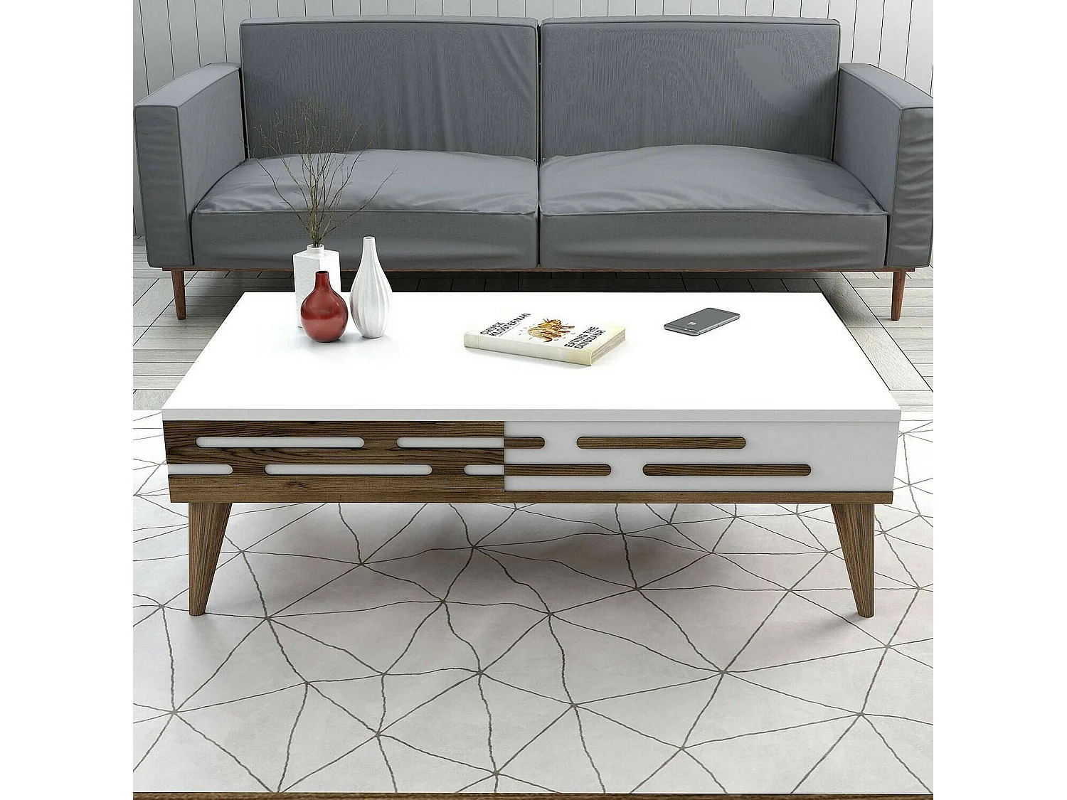Wohnzimmertisch Dpiacent, Niedriger Wohnzimmertisch, Kaffeeregal, Couchtisch für Sofa, 105x35h60 cm, Walnuss und WeiÃŸ