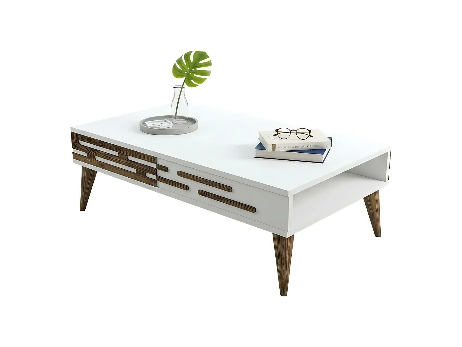 Mesa de café Dpiacent, Mesa de café, Porta-revistas para sofá, Prateleira para sala, 105x35h60 cm, Nogueira e Branco