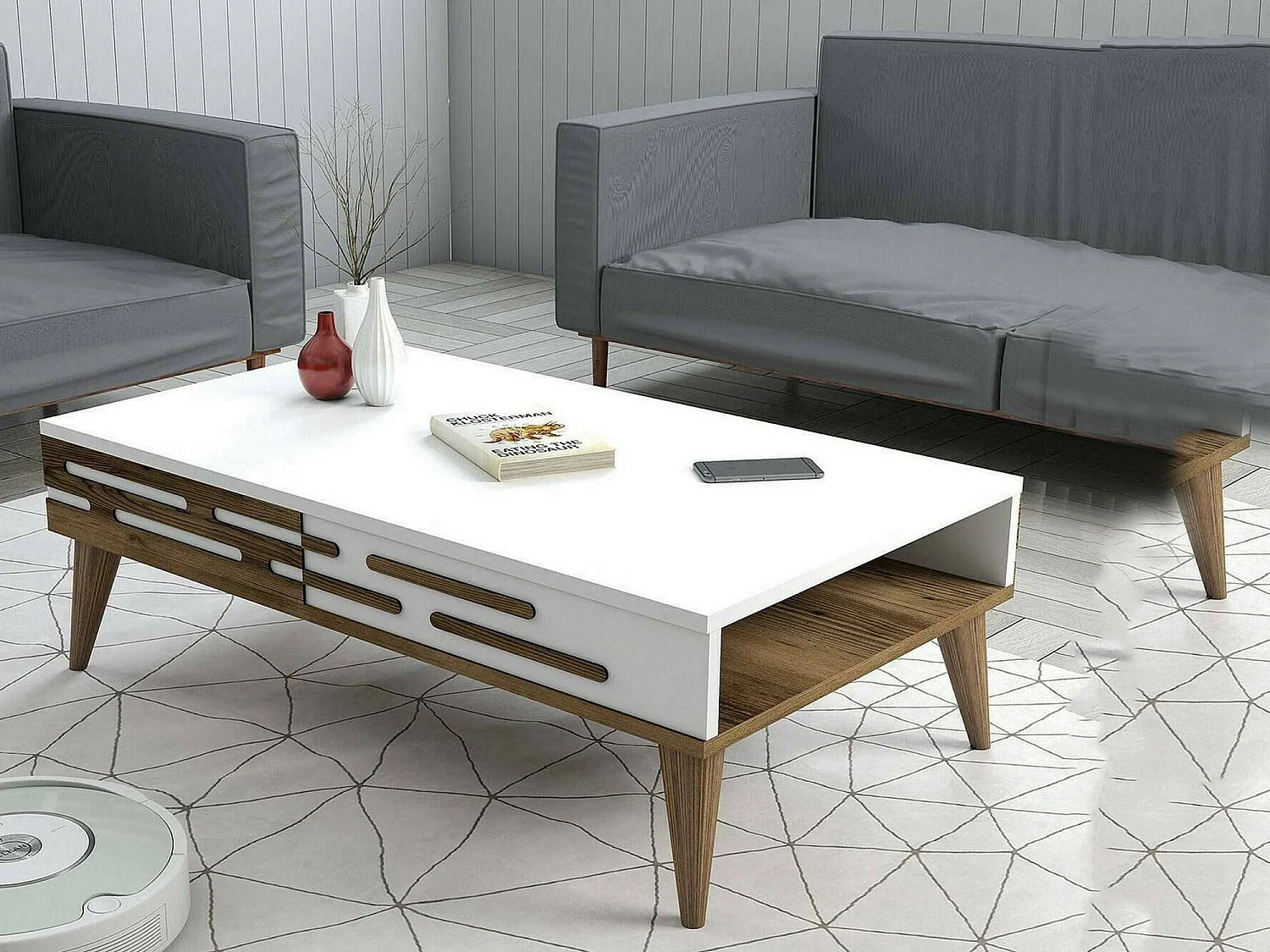 Mesa de café Dpiacent, Mesa de café, Porta-revistas para sofá, Prateleira para sala, 105x35h60 cm, Nogueira e Branco