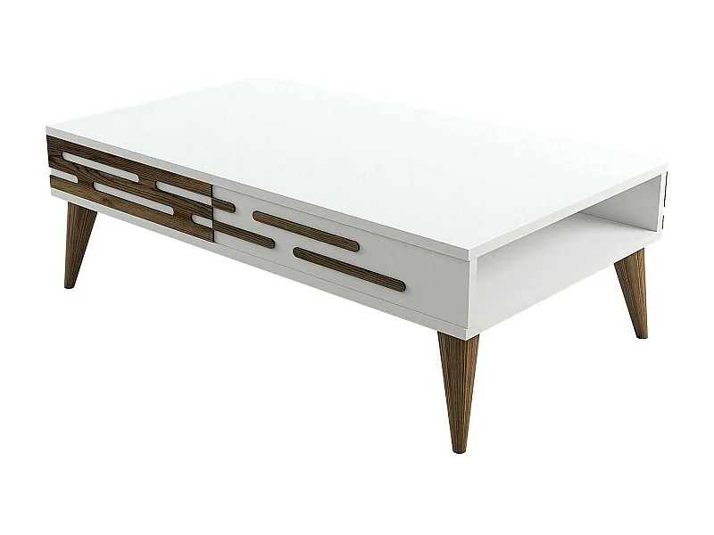 Table basse Saiph, Table basse, Porte-revues pour canapé, Etagère de salon, 105x35h60 cm, Noyer et Blanc