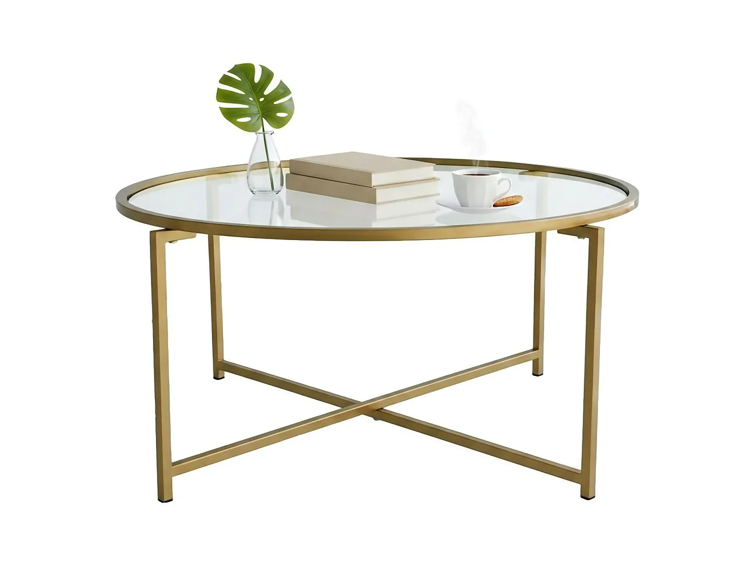 Table basse Ecaterina, forme ronde, 83x83x40h cm or, plateau transparent, structure en verre