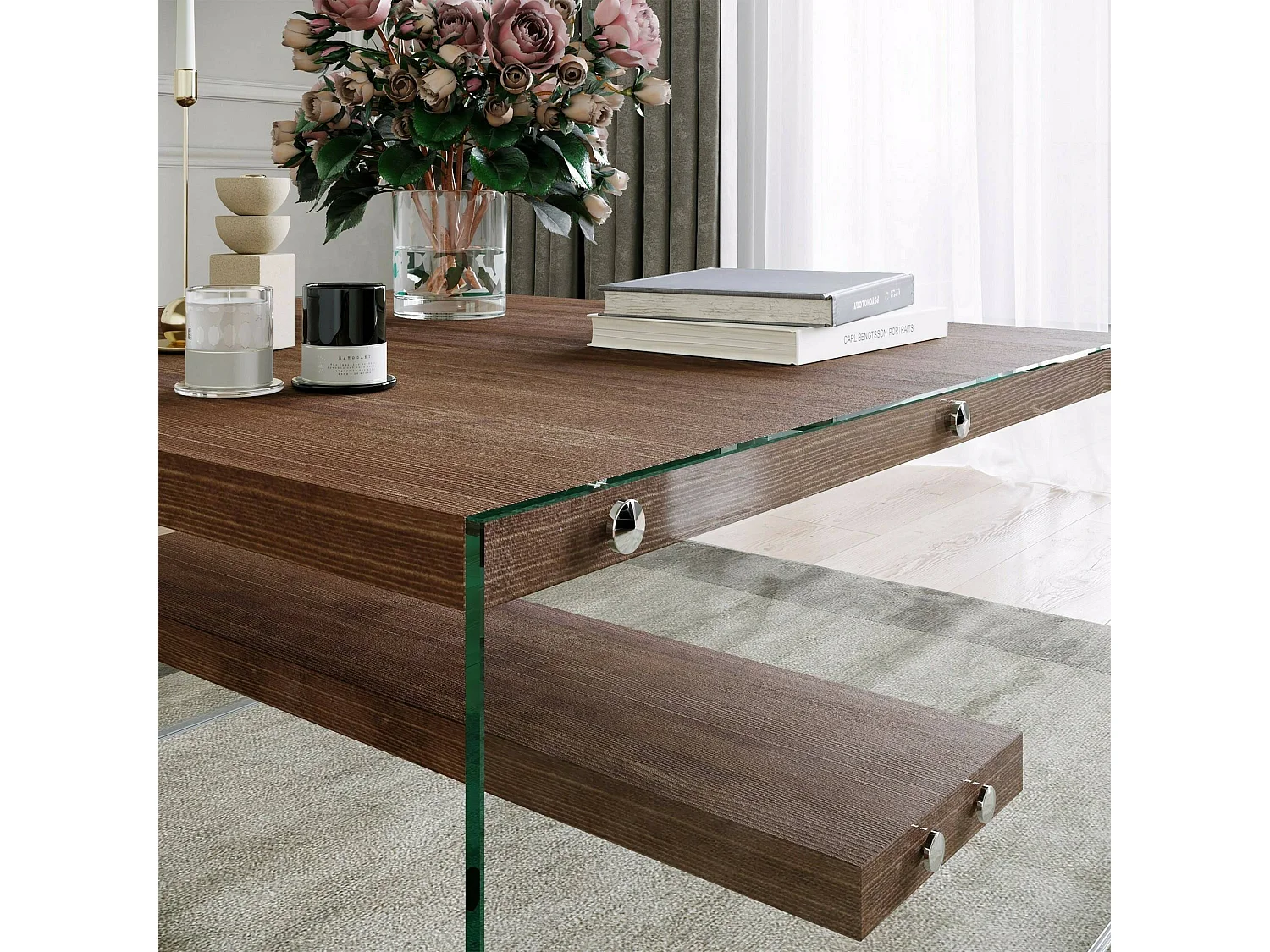 Table basse Alphara, Table basse, Porte-revues pour canapé, Etagère de salon, 75x75h40 cm, Noyer