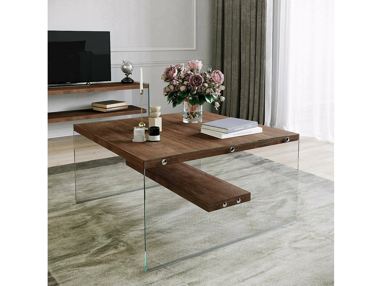 Mesa de café Dembél, Mesa de centro baja, Revistero para sofá, Estante de la sala de estar, 75x75h40 cm, Nuez