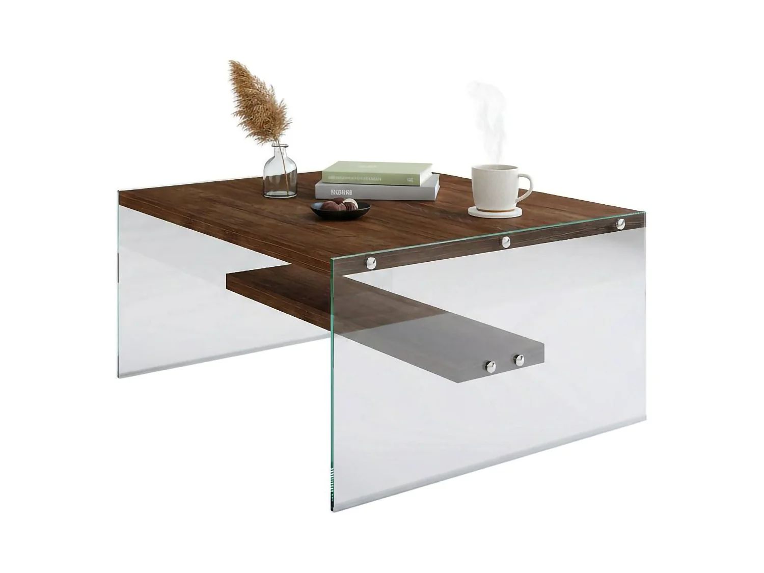 Salontafel Barcis, 1 vak, 75x75x40h cm, walnootbruin, tijdschriftenrek, rechthoekige vorm