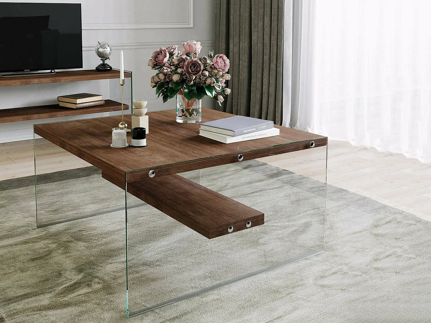 Salontafel Barcis, 1 vak, 75x75x40h cm, walnootbruin, tijdschriftenrek, rechthoekige vorm