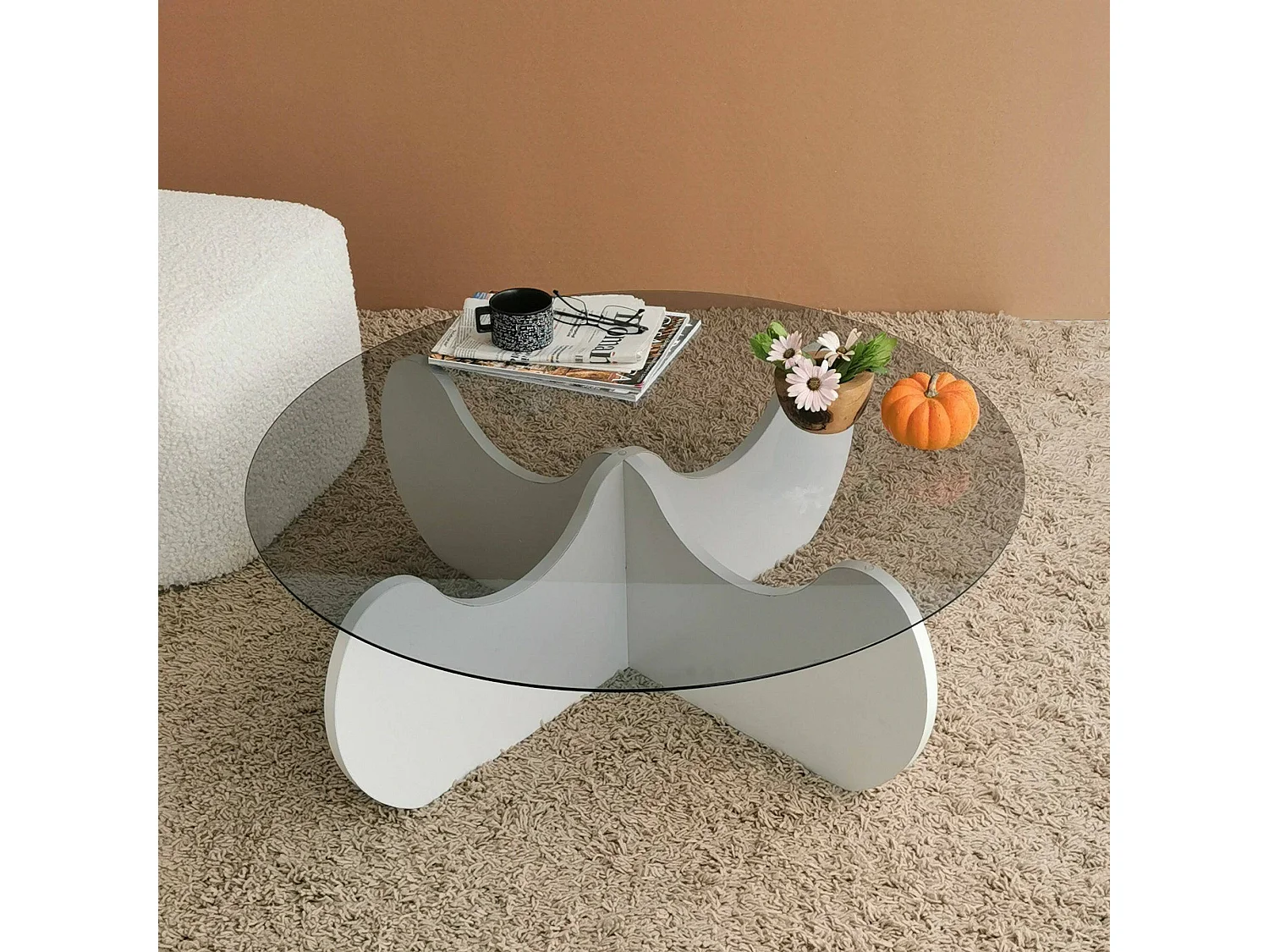Table basse Enif, Table basse, Porte-revues pour canapé, Etagère de salon, 90x90h30 cm, Blanc