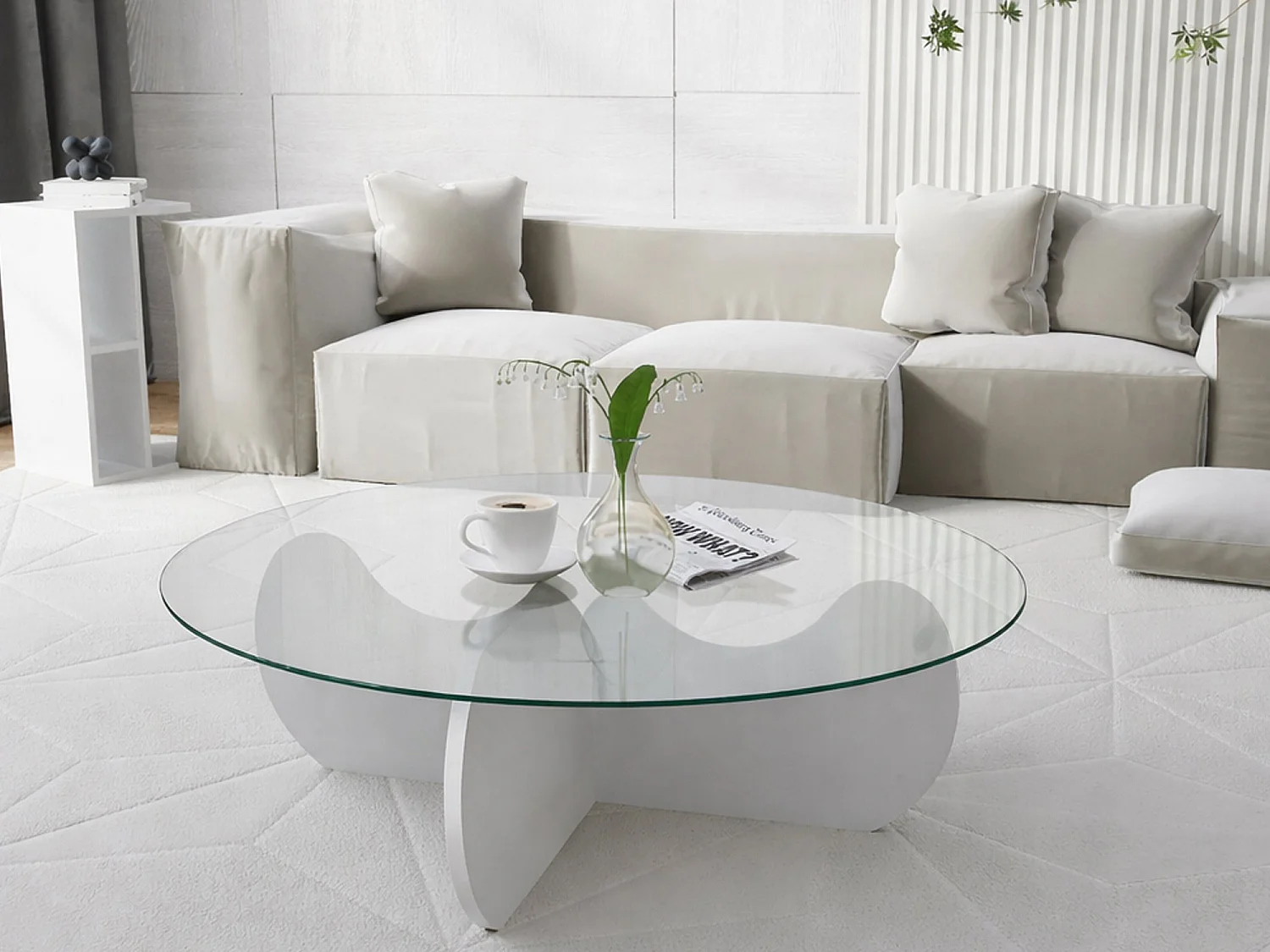 Mesa de centro Willow, efecto humo, 90x90x30h cm blanco, forma redonda, tablero de vidrio