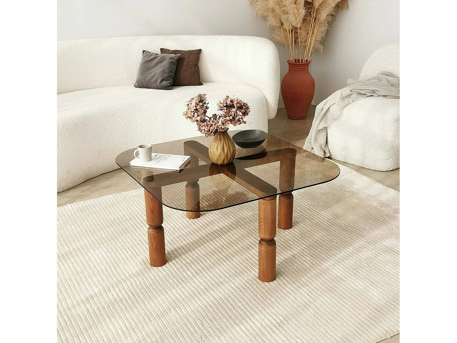 Mesa de café Dpervers, Mesa de centro baja, Revistero para sofá, Estante de la sala de estar, 80x80h40 cm, Nogal y Ahumado