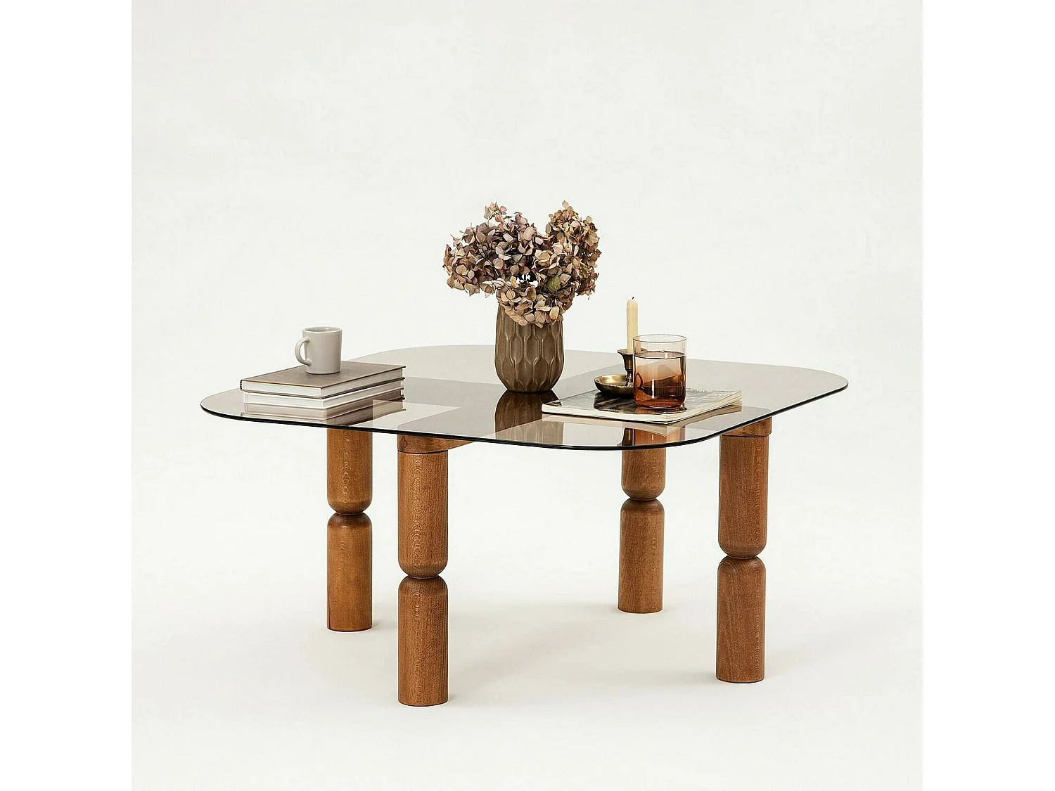 Mesa de café Dpervers, Mesa de centro baja, Revistero para sofá, Estante de la sala de estar, 80x80h40 cm, Nogal y Ahumado