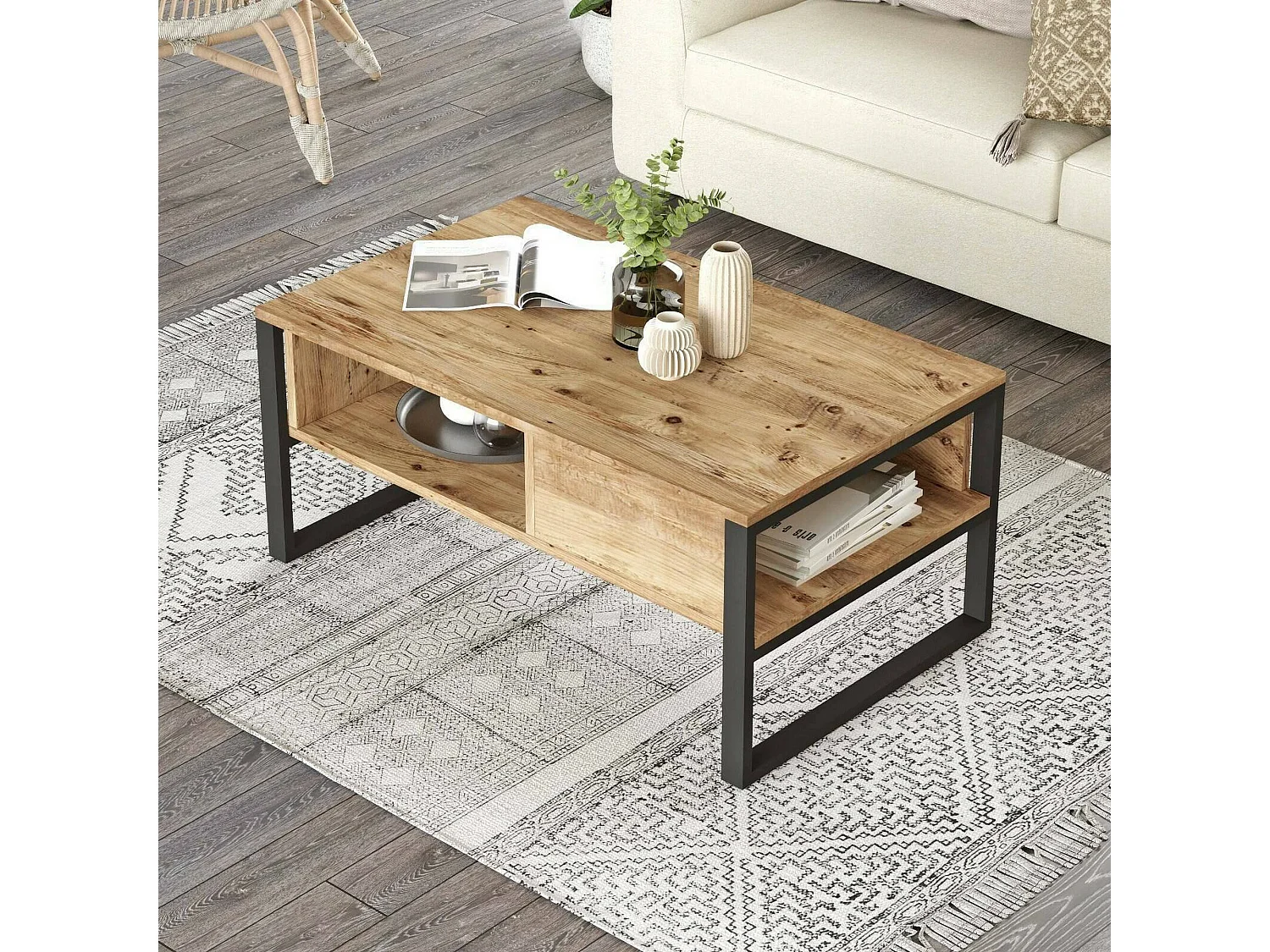 Mesa de café Dfranzos, Mesa de café, Suporte para sofá, Prateleira de sala, 100x60h44 cm, Carvalho