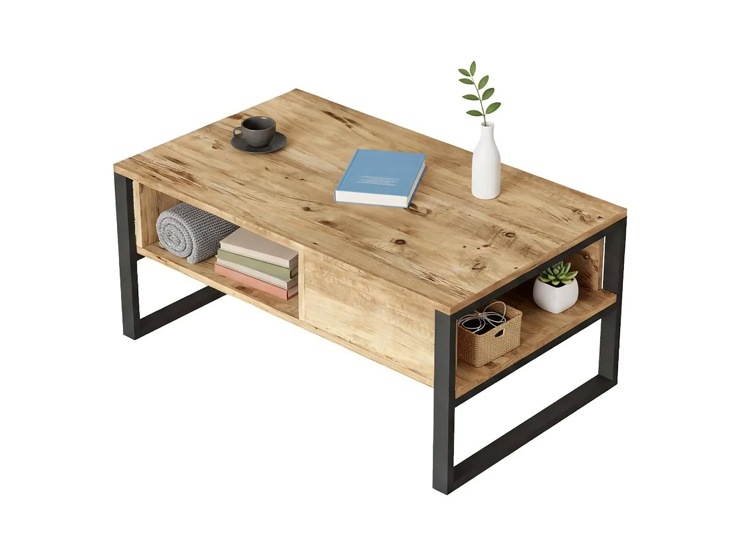 Mesa de café Dfranzos, Mesa de centro baja, Revistero para sofá, Estante de la sala de estar, 100x60h44 cm, Roble