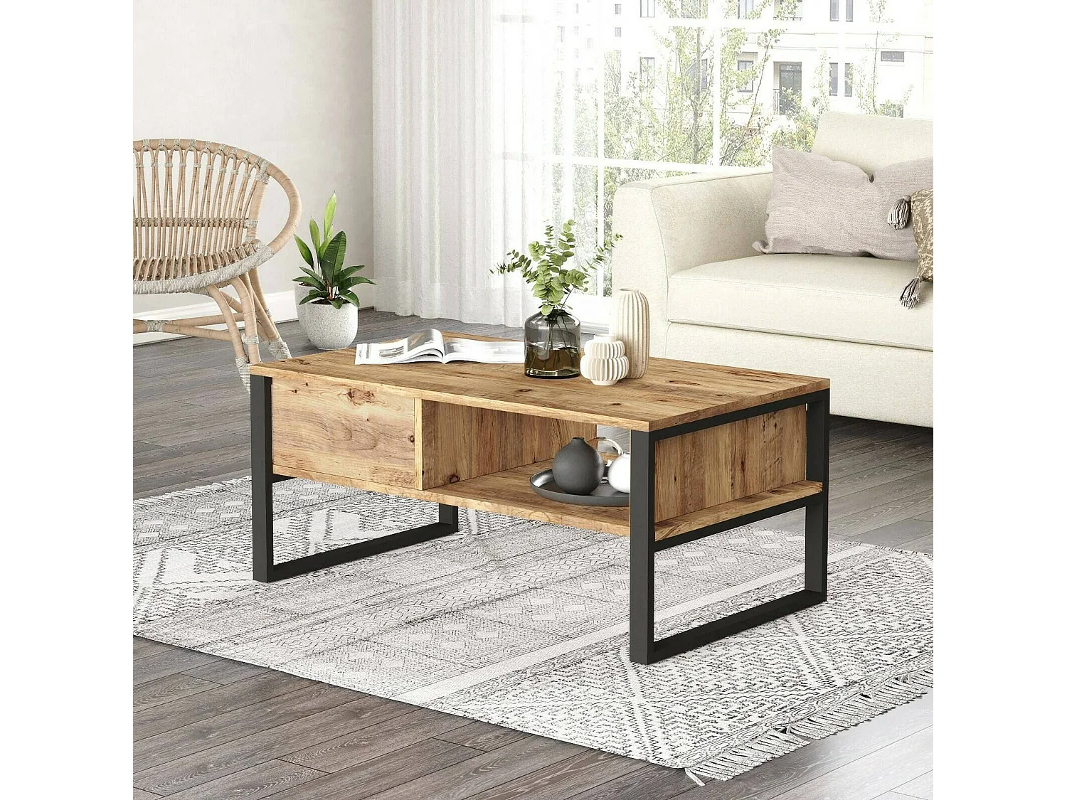 Mesa de café Dfranzos, Mesa de centro baja, Revistero para sofá, Estante de la sala de estar, 100x60h44 cm, Roble