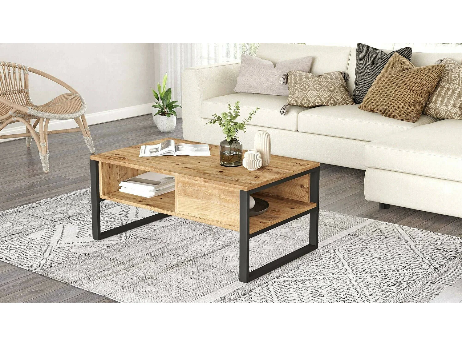Mesa de café Dfranzos, Mesa de centro baja, Revistero para sofá, Estante de la sala de estar, 100x60h44 cm, Roble