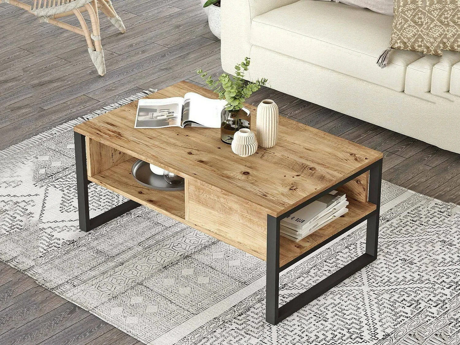 Mesa de café Dfranzos, Mesa de centro baja, Revistero para sofá, Estante de la sala de estar, 100x60h44 cm, Roble