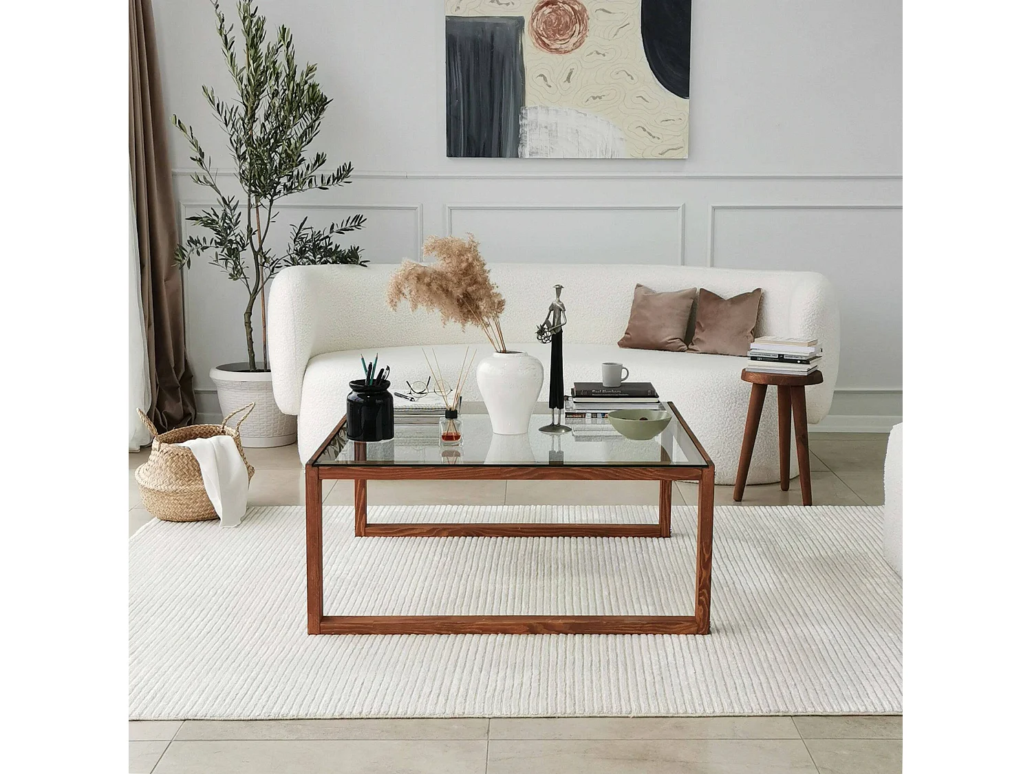 Table basse Gomeisa, Table basse, Porte-revues pour canapé, Etagère de salon, 90x90h40 cm, Noyer