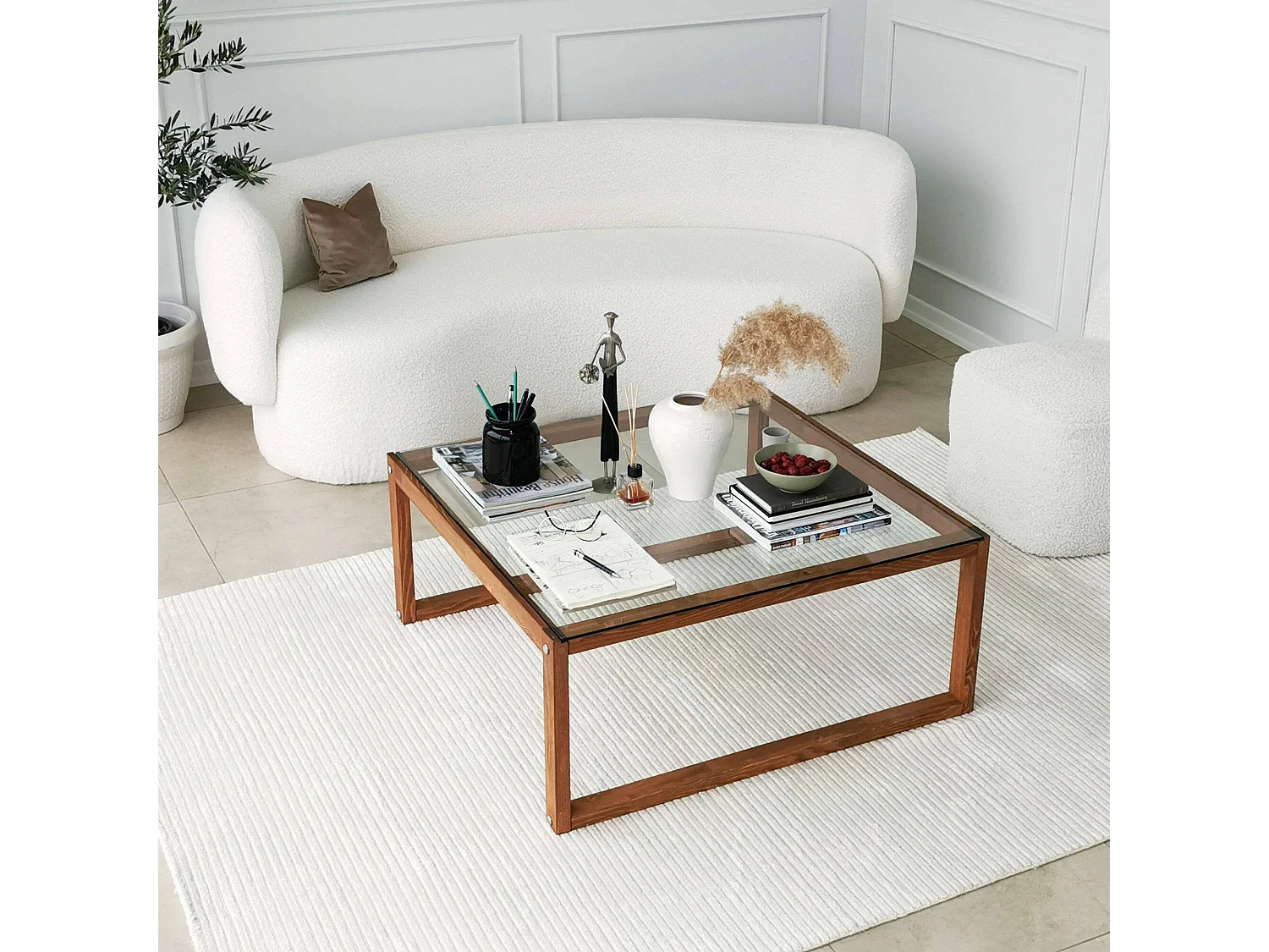 Mesa de café Dmanicon, Mesa de centro baja, Revistero para sofá, Estante de la sala de estar, 90x90h40 cm, Nuez