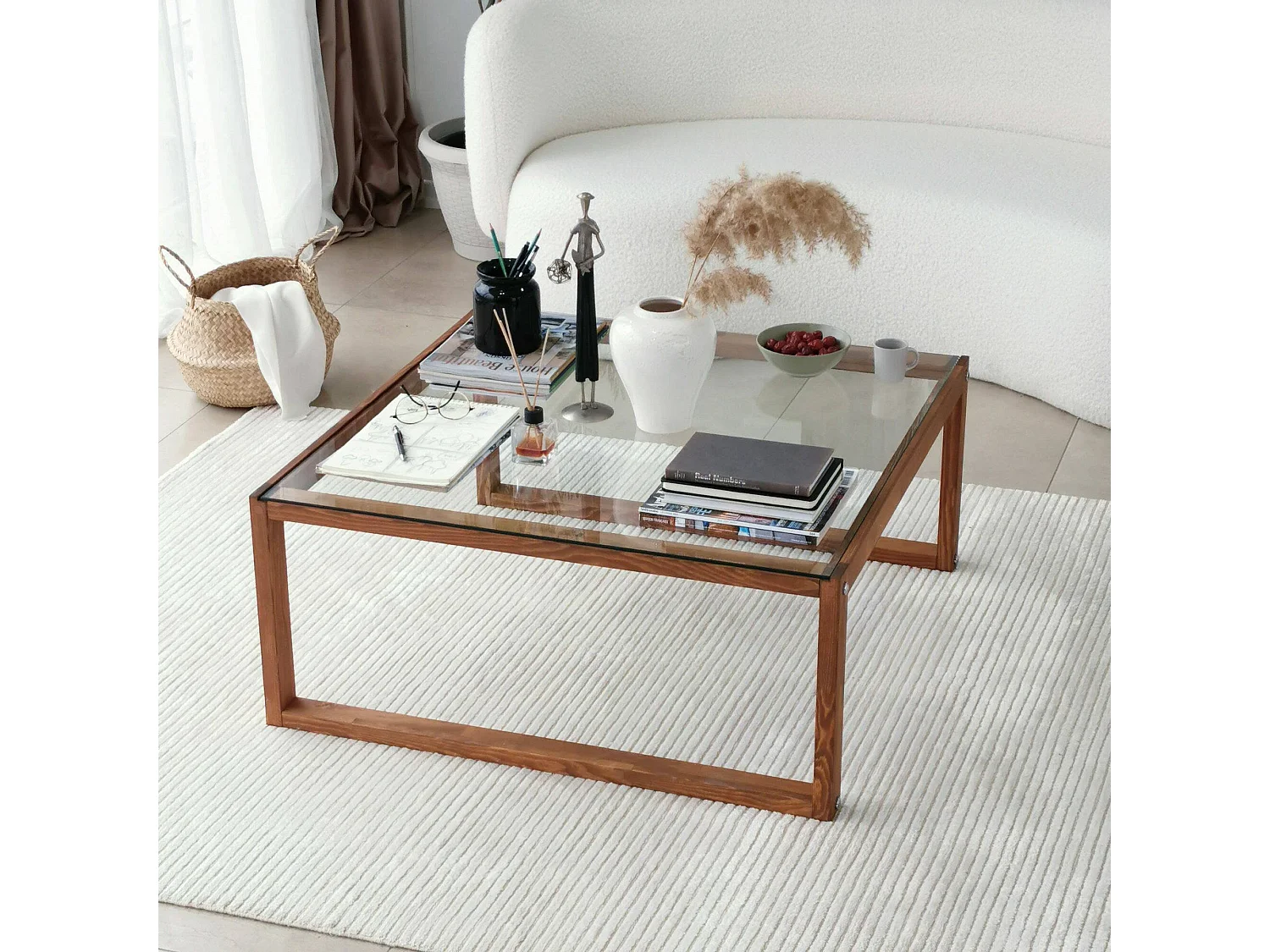 Mesa de café Dmanicon, Mesa de centro baja, Revistero para sofá, Estante de la sala de estar, 90x90h40 cm, Nuez