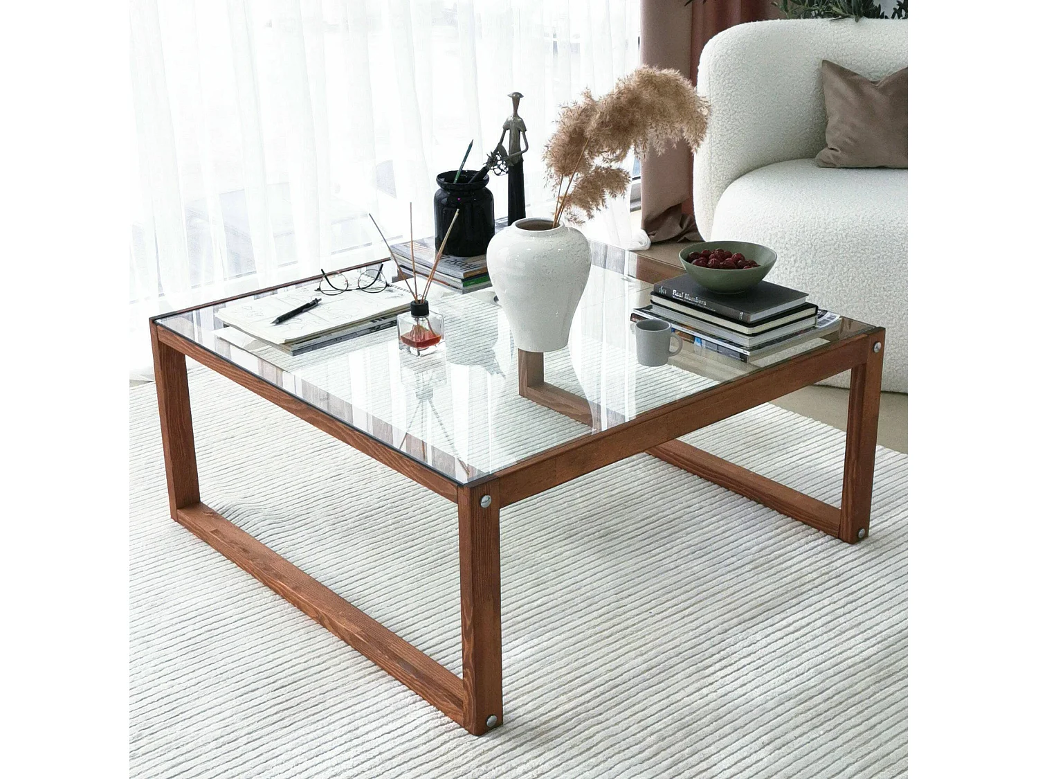 Table basse Gomeisa, Table basse, Porte-revues pour canapé, Etagère de salon, 90x90h40 cm, Noyer