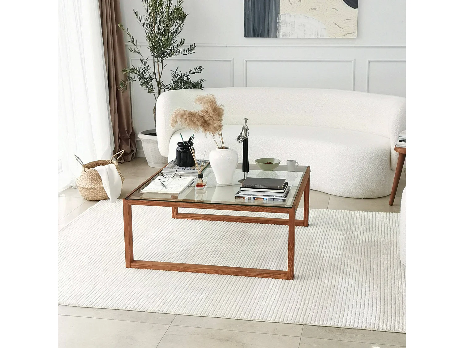 Table basse Gomeisa, Table basse, Porte-revues pour canapé, Etagère de salon, 90x90h40 cm, Noyer